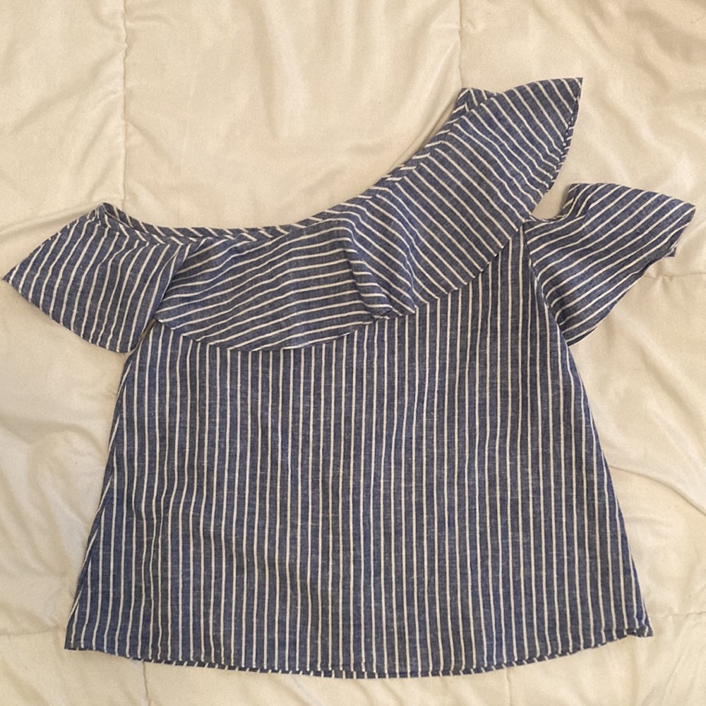 Madewell One Shoulder Ruffle Blue Striped Linen/Cotton Blend Top Size 4 - Picture 8 of 9